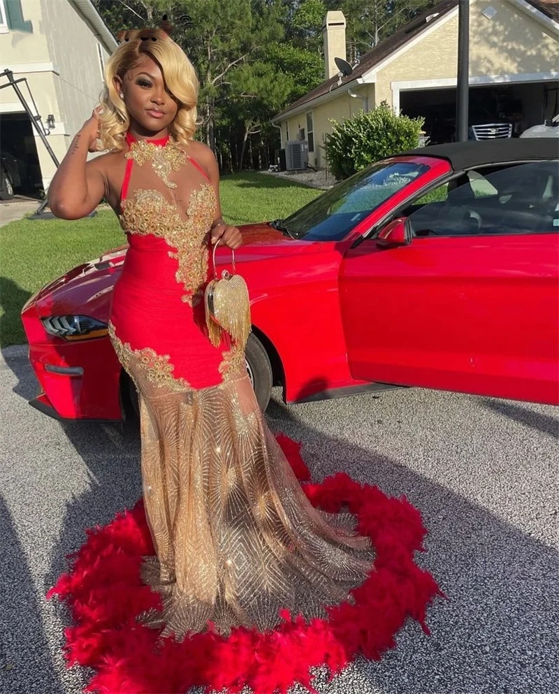 Sparkly Red Prom Halter Beads Crystal Rhinestones Feathers Graduation Party Dress Birthday Reception Robe