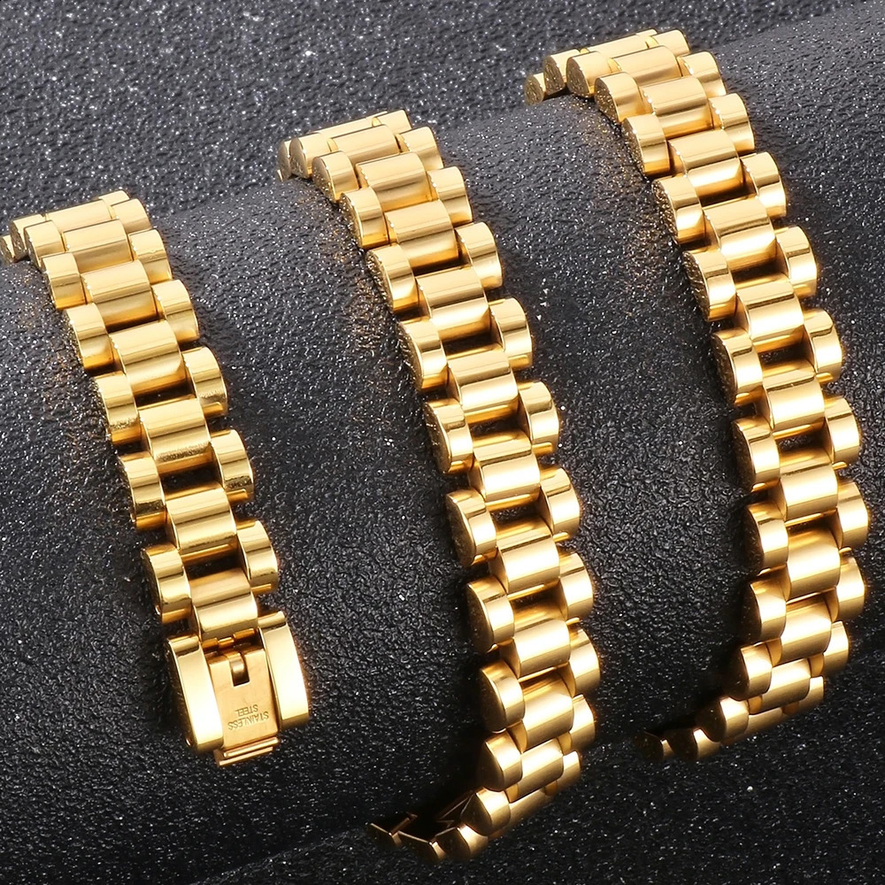 5060CM 10MM Watch Strap Chain Style Necklace For Men Women Gold Color Stainless Steel Choker Necklaces Jewellery Accessories 240313