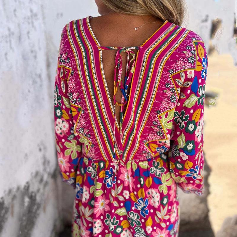 Casual Dresses Sexy Deep V-enck Lace-up Waist Party Dress Women Long Sleeve Pleated Elegant Floral Printed Bohe Beach