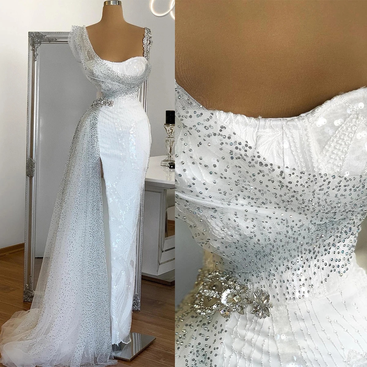 Fashion Crystal Mermaid Bridal Gowns Spaghetti Straps Wedding Dress Sequins Illusion Side Split Custom Made Sweep Train Bride Dresses