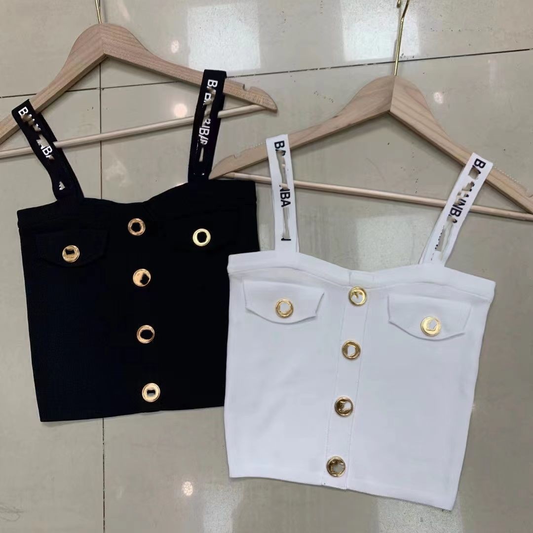 Women's logo letter print knitted spaghetti strap buttons patched bustier tanks camis SML
