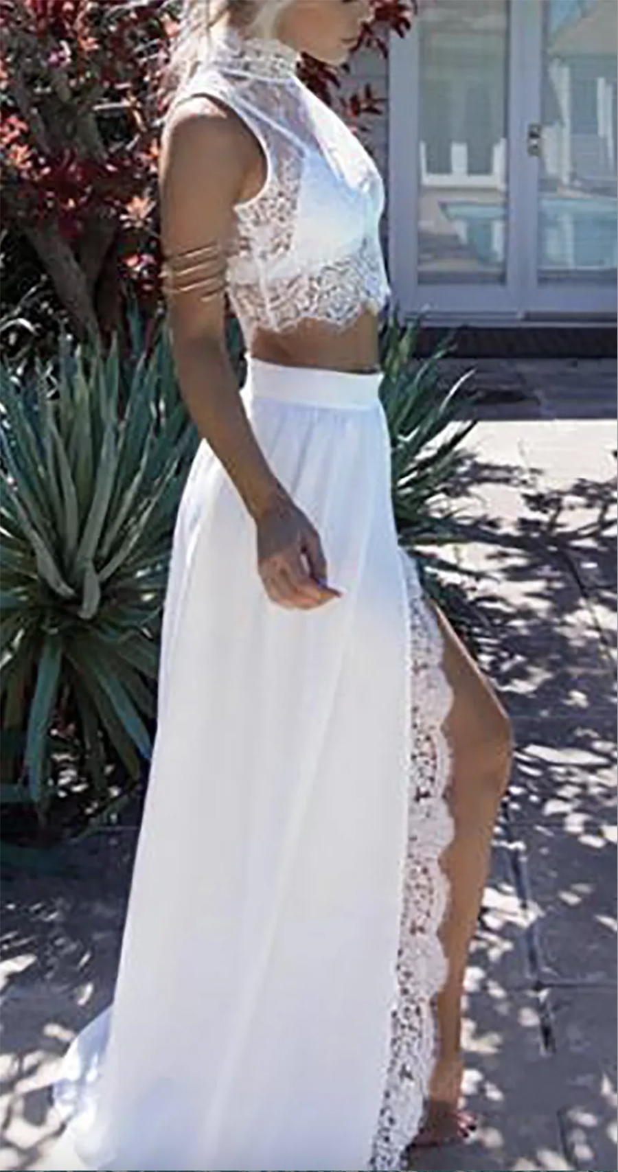 Two Pieces Casual Beach Wedding Dresses 2024 Summer Design Front High Split Long Sleeves Lace Top Chiffon Bridal Gowns Custom Size A e