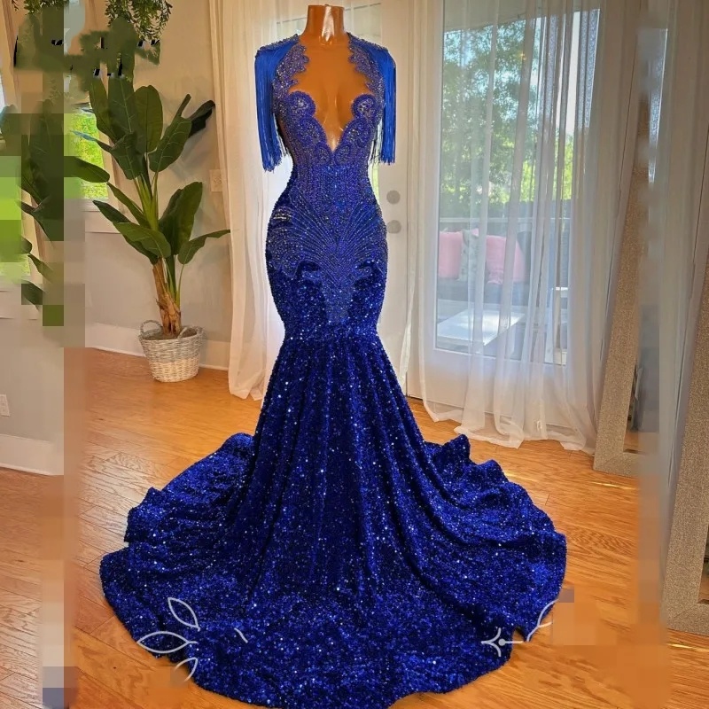 Prom Stunning Dresses Blue for Black Girls 2024 Sheer Neck Crystal Sequin Mermaid Birthday Party Gowns Robe De Bal
