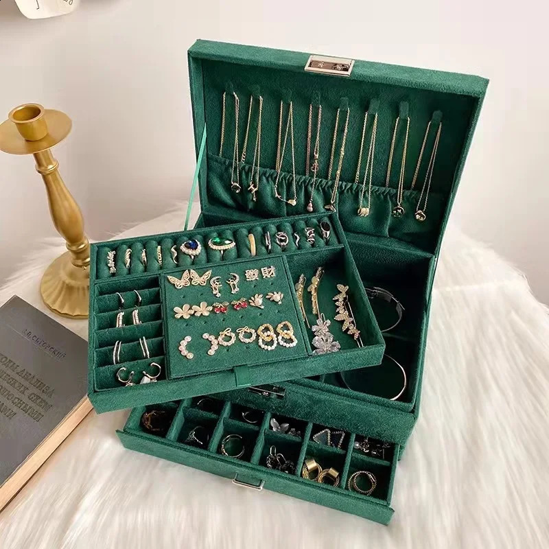 2023 Fashion Style Flannel Double Layer Jewelry Holder With Large Capacity Velvet Jewel Box 240309