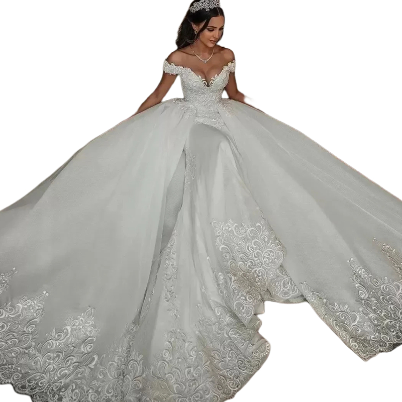 Princess Lace A Line Wedding Dresses With detachbale Skirt Appliques Off the Shoulder Ivory Long Bridal Gowns 2024 Arabic Dubai Bride Wear Vestido de 
