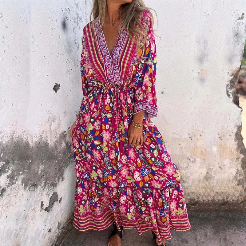 Casual Dresses Sexy Deep V-enck Lace-up Waist Party Dress Women Long Sleeve Pleated Elegant Floral Printed Bohe Beach