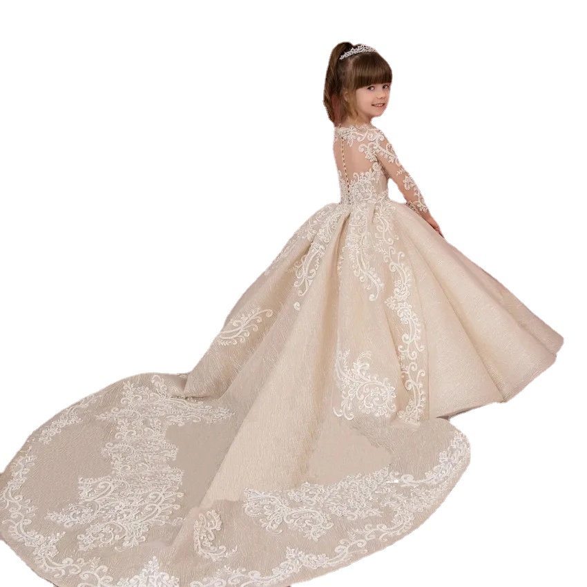 Flower Princess Champagne Dresses Vintage Long Sleeve Sheer Crew Neck Appliques Ruched Tulle Cute Girl Formal Party Gowns Pageant Wears BC12715 318