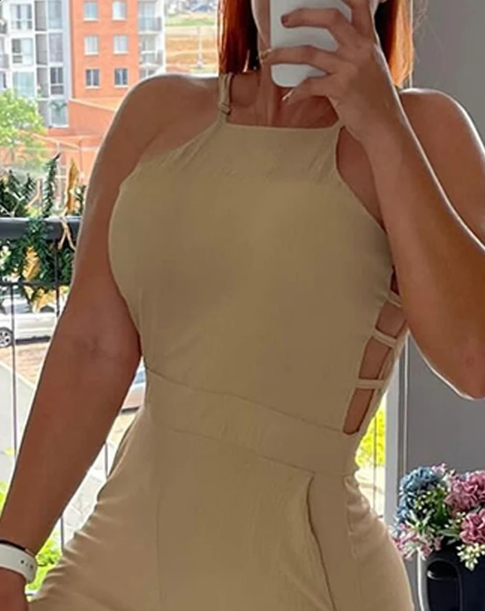 Summer Woman Long Jumpsuits Elegant Hollow Out Sleeveless Wide Leg Jumpsuit Sexy Fashion Casual One Pieces 240313