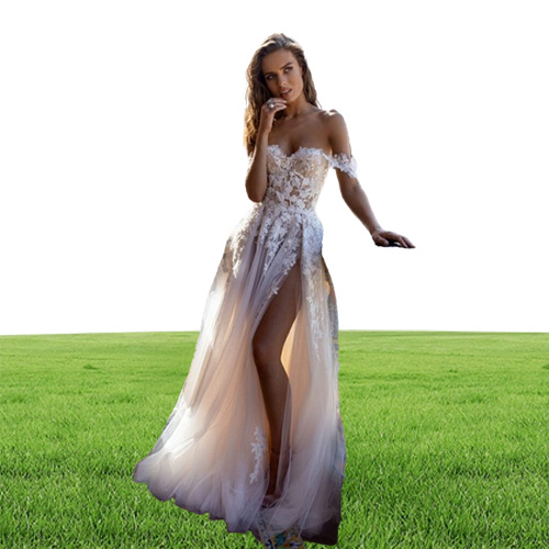 Liz Martinez Wedding Dresses Off the Shoulder Lace Appliques Tulle A Line Beach Wedding Dress Custom Made High Split Vestidos De N