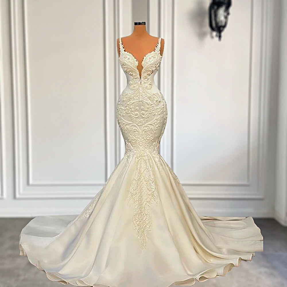 Sexy Mermaid Satin Dress 2024 New V-Neck Sleeveless Pearls Lace Appliques Dubai Arabic African Bridal Wedding Gowns 0213
