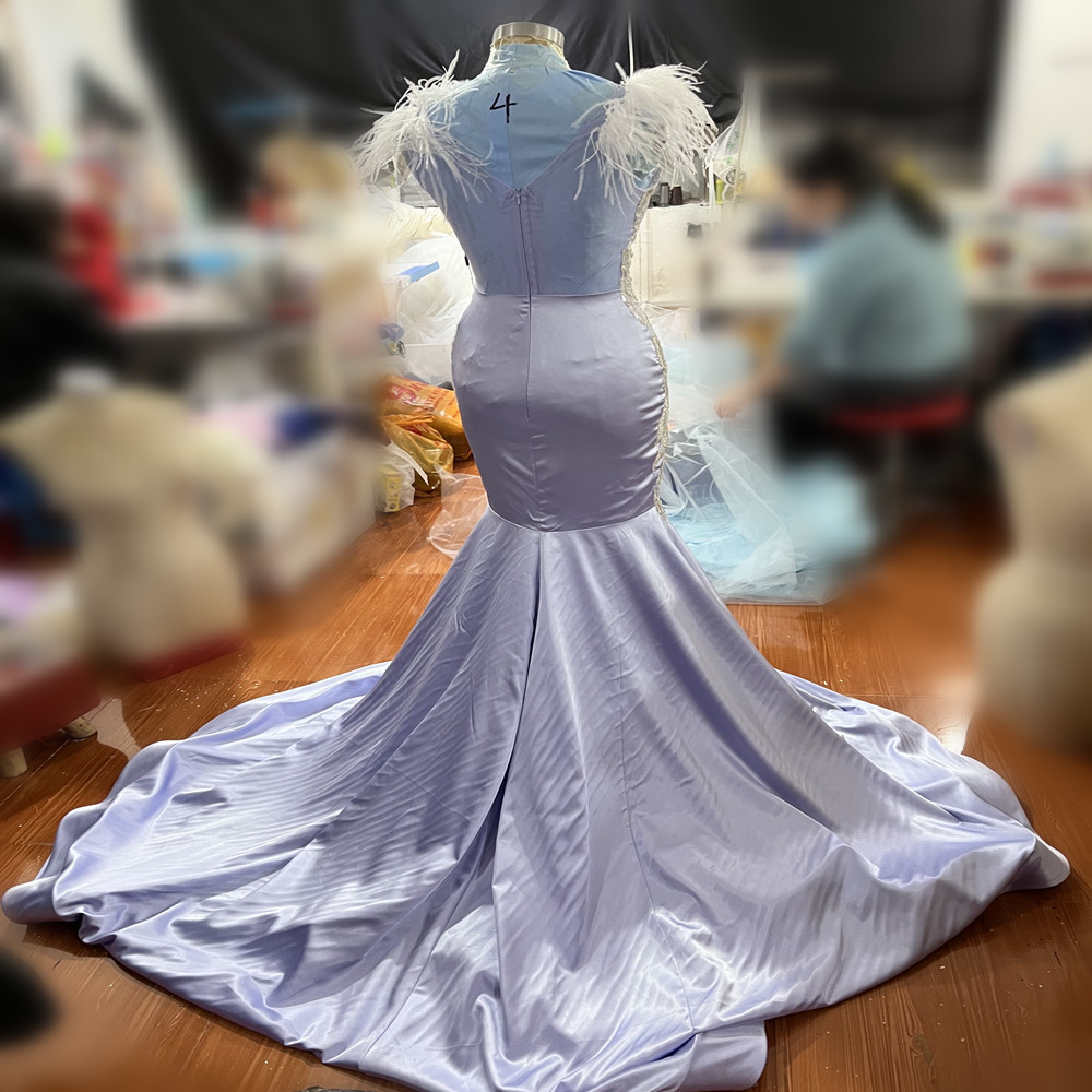 2024 Aso Ebi Lavender Mermaid Prom Dress Lace Beaded Feather Evening Formal Party Second Reception 50th Birthday Engagement Gowns Dresses Robe De Soir