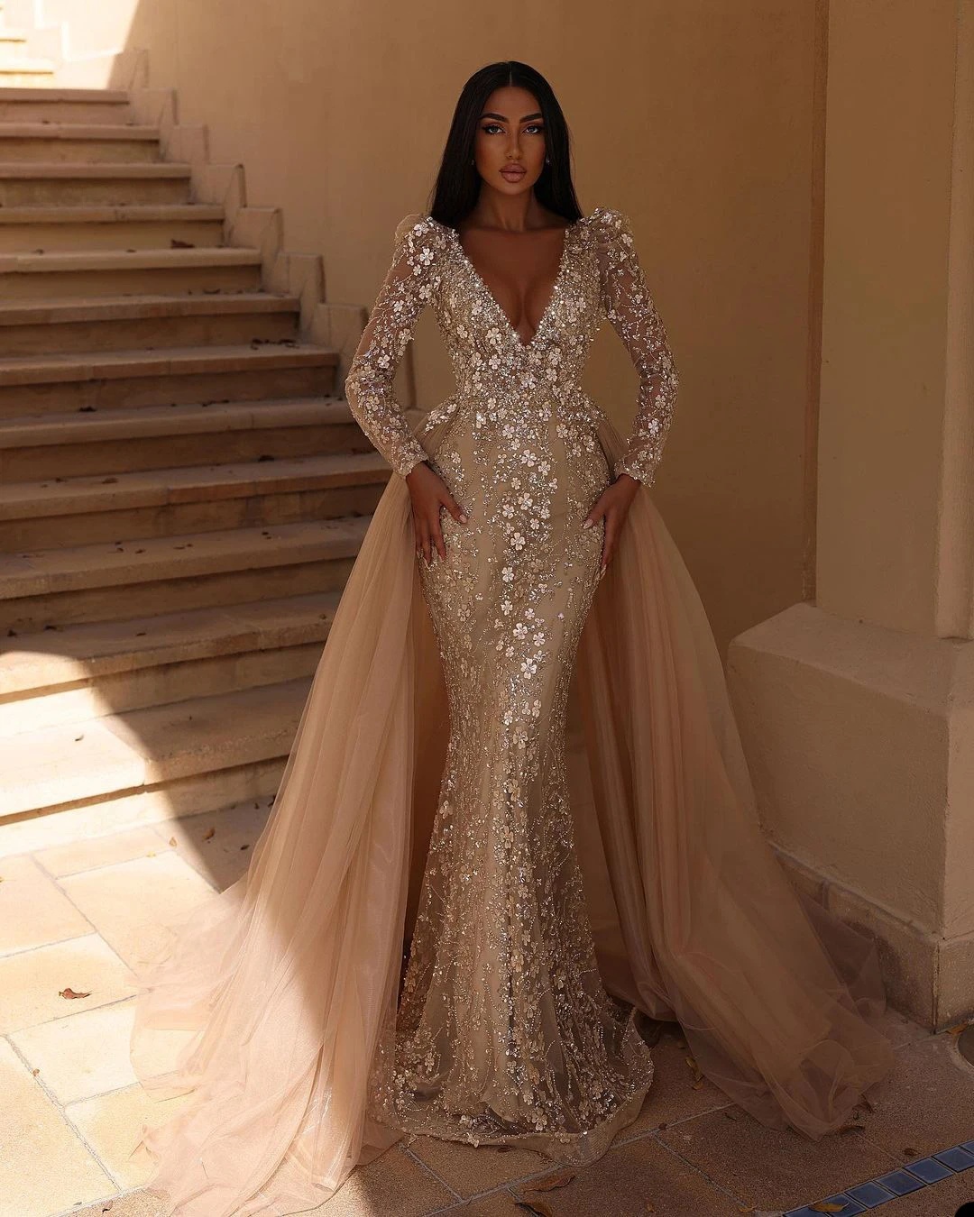 ful Sequins Mermaid Bridal Gowns Deep V Neck Wedding Dress with Overskirts wer Long Sleeve Custom Made Sweep Train Bride Dresses