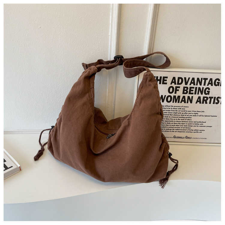 Crossbody Bag Female College Students Class Bag Dual-purpose Ins Japanese Korean Large Capacity Solid Color Canvas Commuting Shoulder Bag 240315