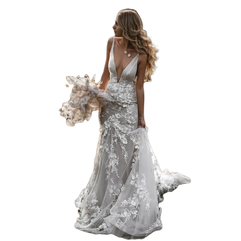 3D Floral Appliques Boho Wedding Dresses Deep V-Neck Sleeveless Sexy Backless Long Country Bridal Gowns Court Train Summer Beach Mermaid Bride Dress 2