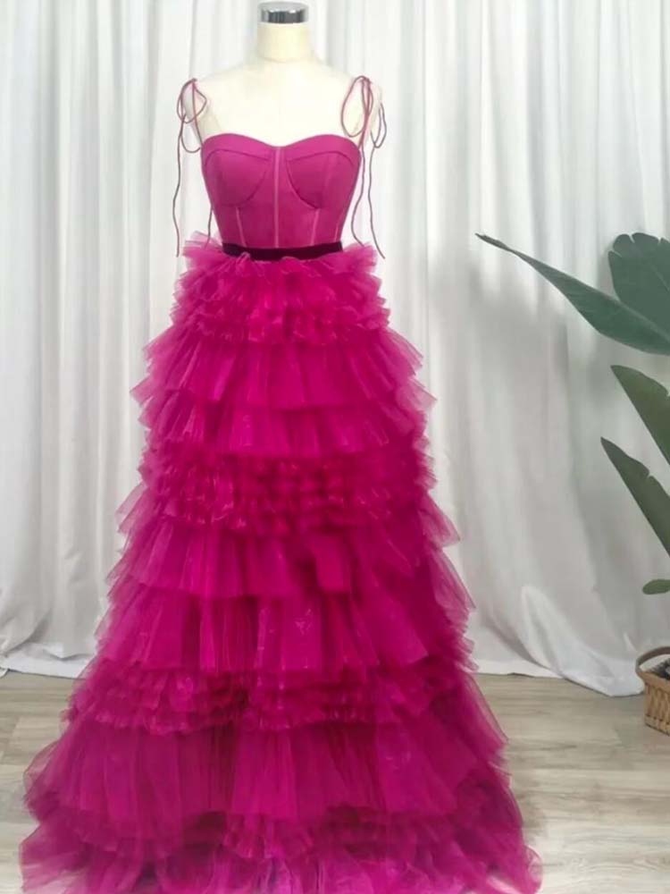 Fuchsia Evening Dress Layers Ball Gown Prom Dresses Sweetheart Sleeveless Zipper Back Sweep Train