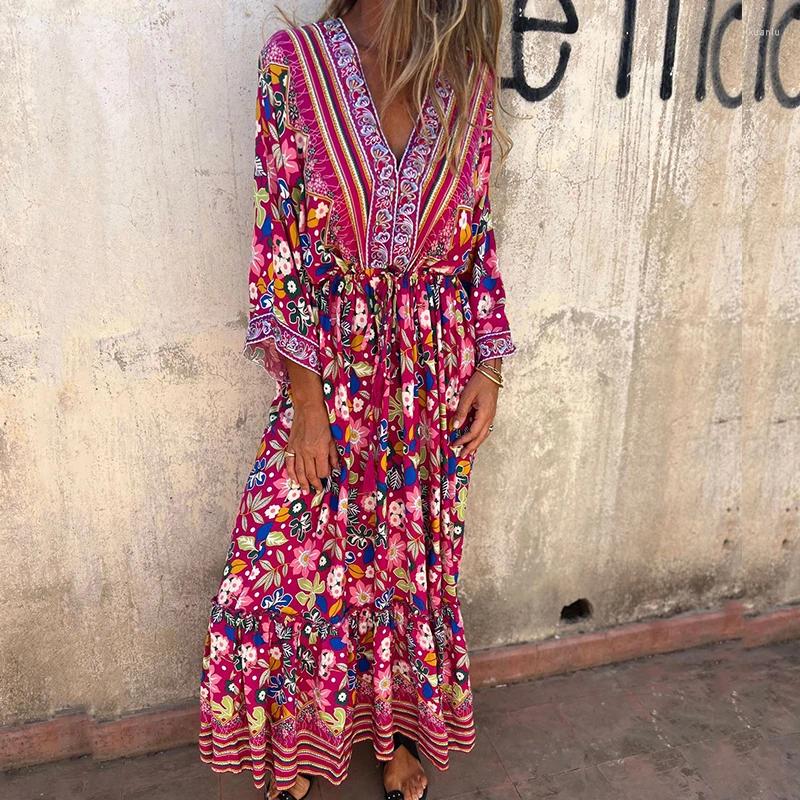 Casual Dresses Sexy Deep V-enck Lace-up Waist Party Dress Women Long Sleeve Pleated Elegant Floral Printed Bohe Beach