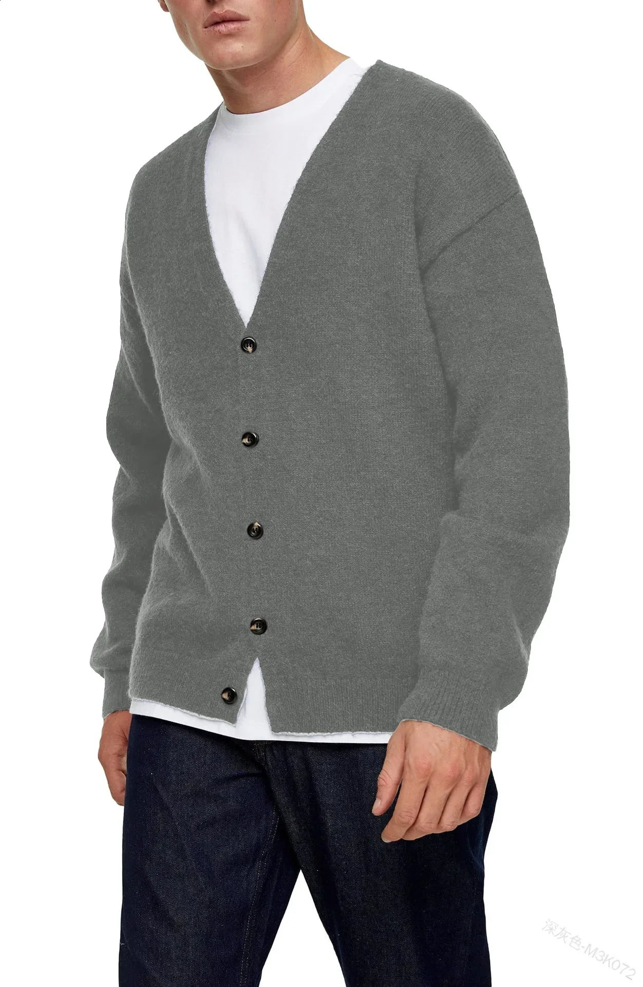 Men Solid Color Vneck Cardigan Long Sleeve Slim SingleBreasted Mens Knitted Shirt Coat 240307