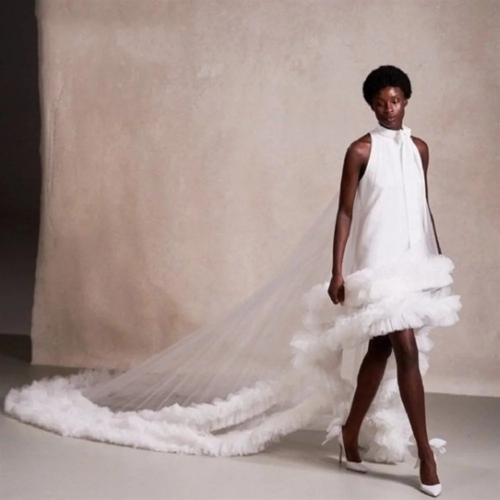 Sexy White High Low Prom Dress 2024 High Neck Ruffles Train Tulle Women Formal Prom Birthday Gown Celebrity Wear Robe De Soiree