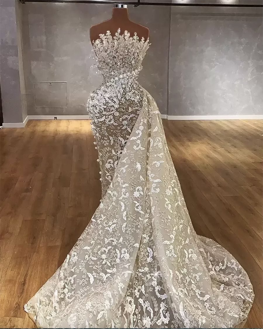 Mermaid Wedding 2024 Dresses Bridal Gown Lace Applique Beaded Pearls Sweep Train Organza Designer Illusion Custom Made Plus Size Vestido De Novia