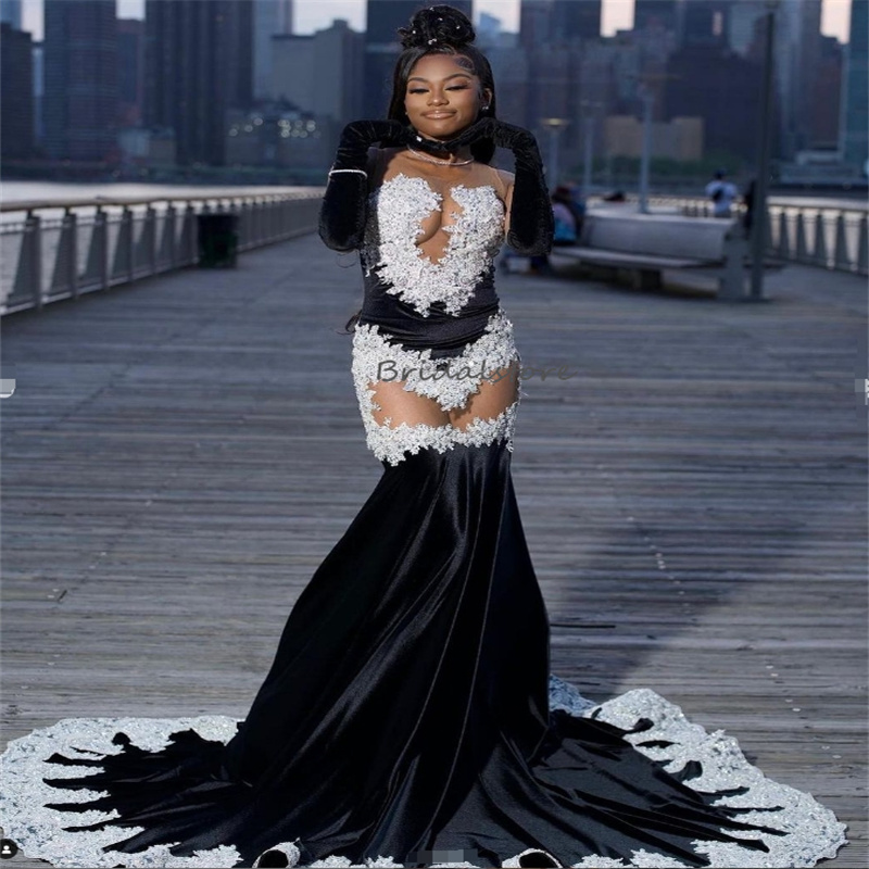 Glam Black Girls Prom Dresses 2024 New Black Velvet African Evening Gowns With White Appliques Gorgeous Mermaid Birthday Dress Formal Ceremony Party D
