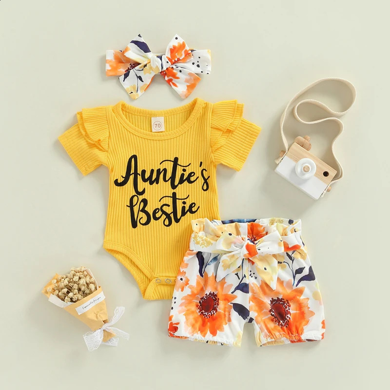 3PCSSet Baby Girl Summer Clothes Ruffle Ribbed Romper Jumpsuit Floral Shorts Headband Outfit Babay Clothing Set 240313