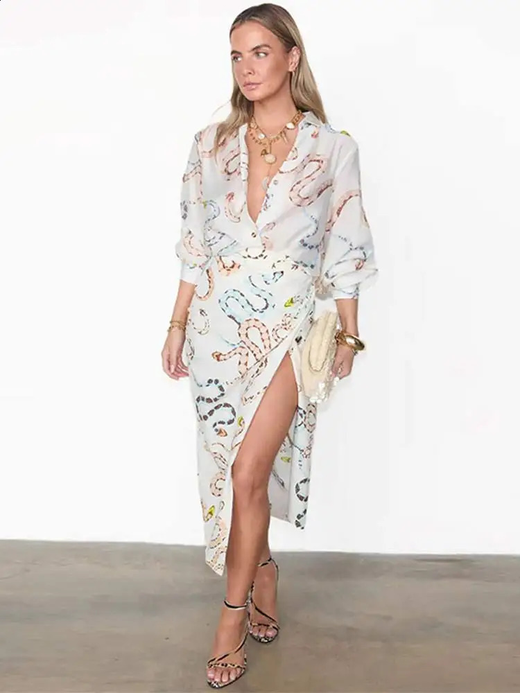 Snake Print Long Sleeve Shirt Split Skirt 2 Pcs Set Women Single Breasted Loose Lapel Short Dress Set Summer Chic Female Suits 240329