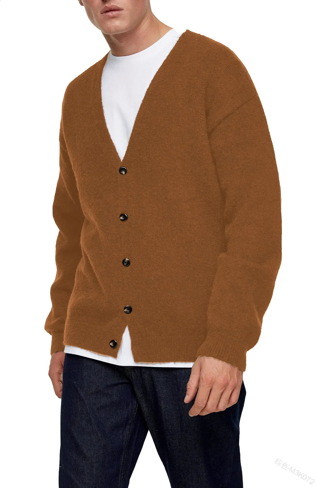 Men Solid Color Vneck Cardigan Long Sleeve Slim SingleBreasted Mens Knitted Shirt Coat 240307