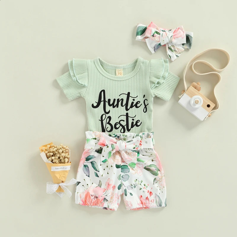3PCSSet Baby Girl Summer Clothes Ruffle Ribbed Romper Jumpsuit Floral Shorts Headband Outfit Babay Clothing Set 240313
