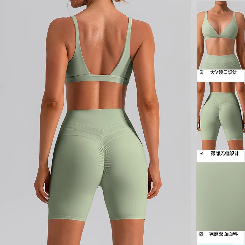 12Pcs Pad Deep V Sport Bra Yoga Set Women Workout Pant Gym Shorts Fitness Female High Waist Scrunch Leggings Active Wear Suits 240307