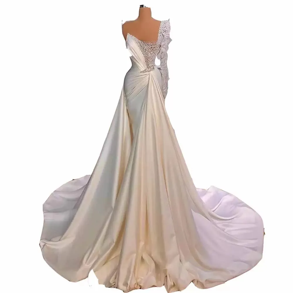 Sexy White Mermaid Wedding Dresses Illusion Pearls Beadings One Shoulder Satin Long Sleeve Plus Size Bridal Gowns Vestidos De Novia
