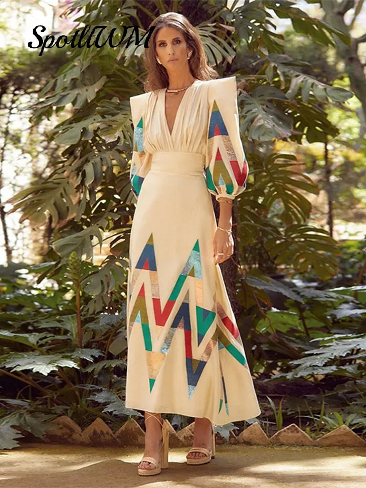 Vneck Long Puff Sleeves Top High Waist Skirt Sets Elegant Women Printted Contrast Pleated Two Piece Set 2024 Spring Suit 240315