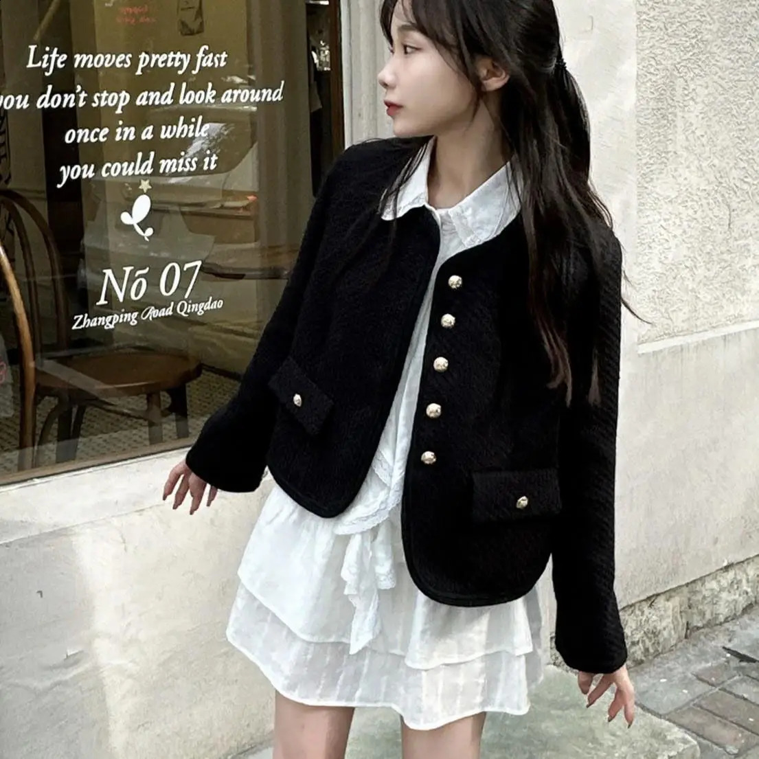 Spring Autumn Korean Y2k Chic Female Tweed Basic Jacket Coat Women Coats O Neck Long Sleeve Woolen Short Outerwear 240307