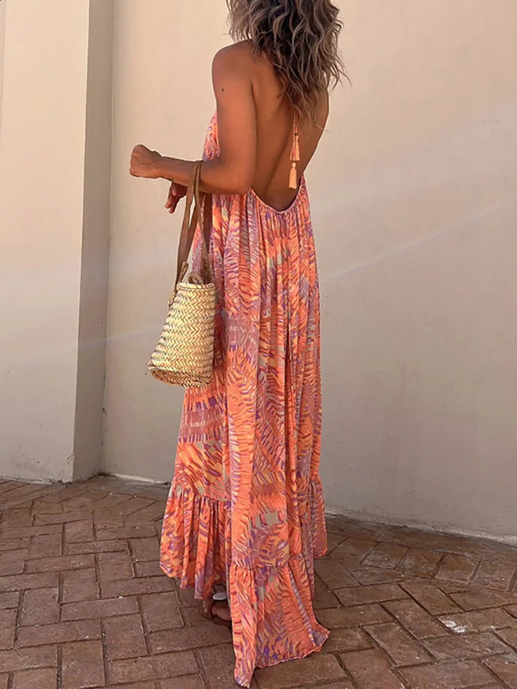 Summer Style Womens Sexy Printed Beach Dresses Bohemian Vacation Spaghetti Strap Halter Laceup long Dress 240318wtt