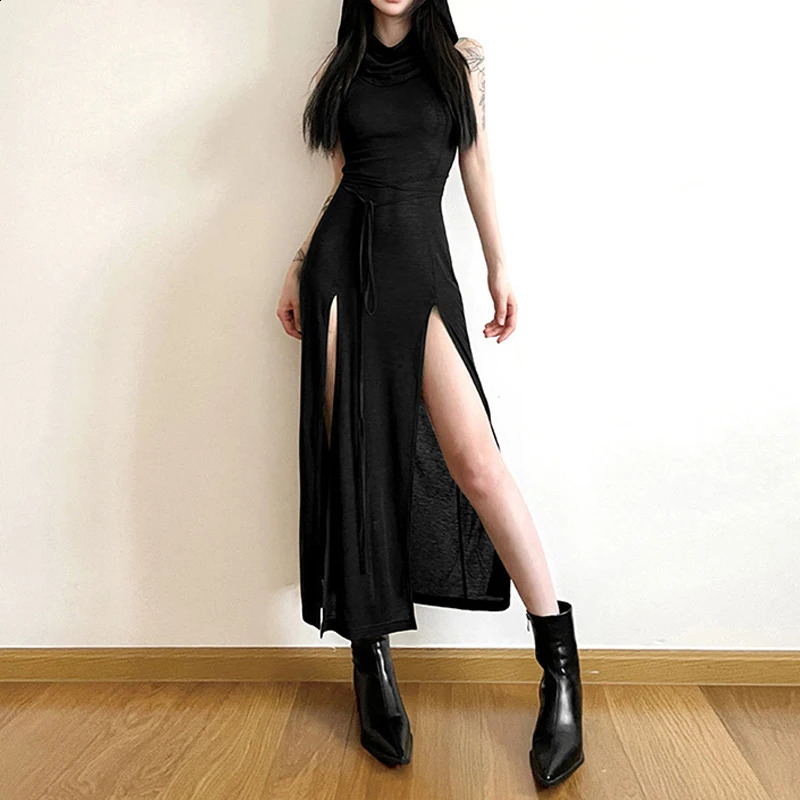 Goth Dark Cyber Gothic Desert Walker Hooded Dresses Y2k Punk Grunge Hollow Out Midi Dres Sexy Split Side Solid Streetwear 240313