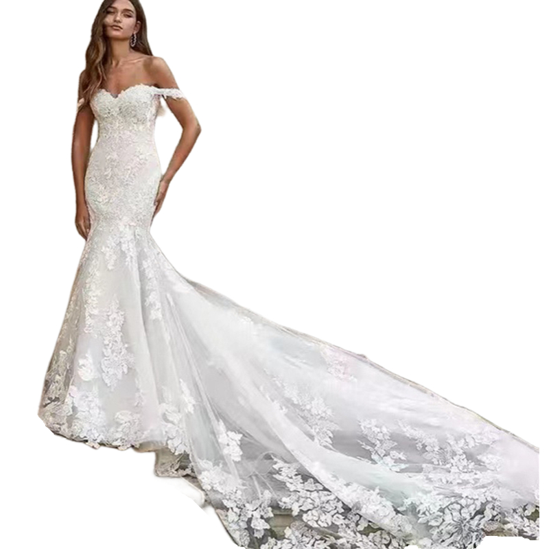 Lace Mermaid Boho Wedding Dresses Appliques Off Shoulder Ivory Beach Bridal Gowns Chapel Train Sexy Summer Bride Dress Custom made 2024