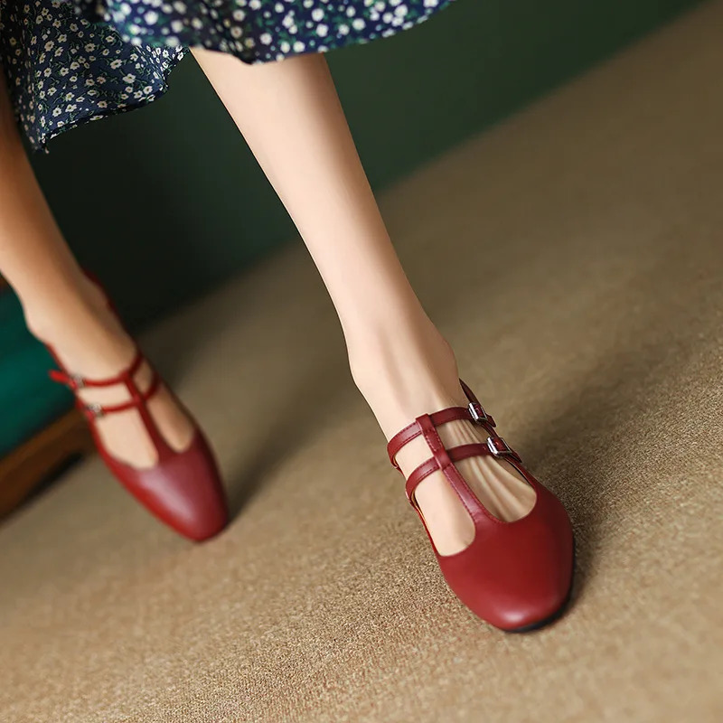 Autumn Women's Retro Red High Heel Shoes T-strap Marry Janes Female Chunky Platform French Romantic Casual Shoes Size 34-39 240304