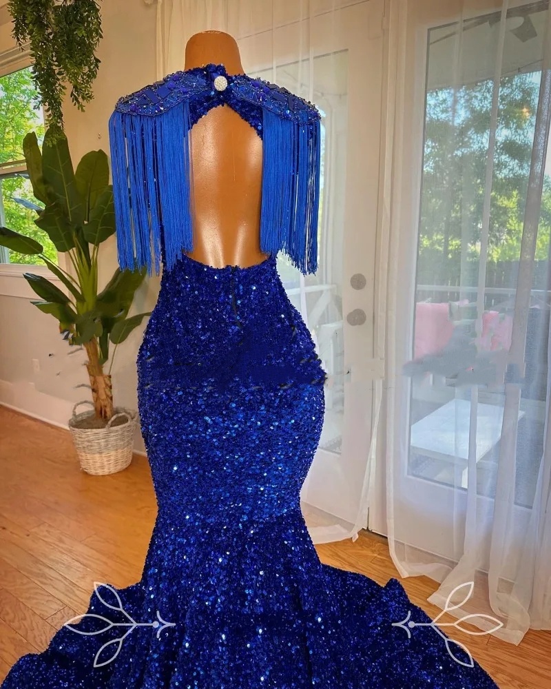 Prom Stunning Dresses Blue for Black Girls 2024 Sheer Neck Crystal Sequin Mermaid Birthday Party Gowns Robe De Bal