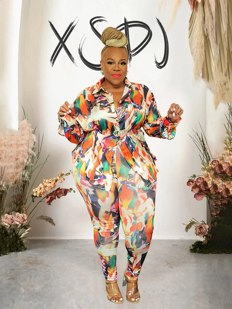 Plus Size Matching Sets Spring Print Shirt Top and Pants Two Piece Set for Women Streetwear Fashion Suit Wholesale Drop 240309