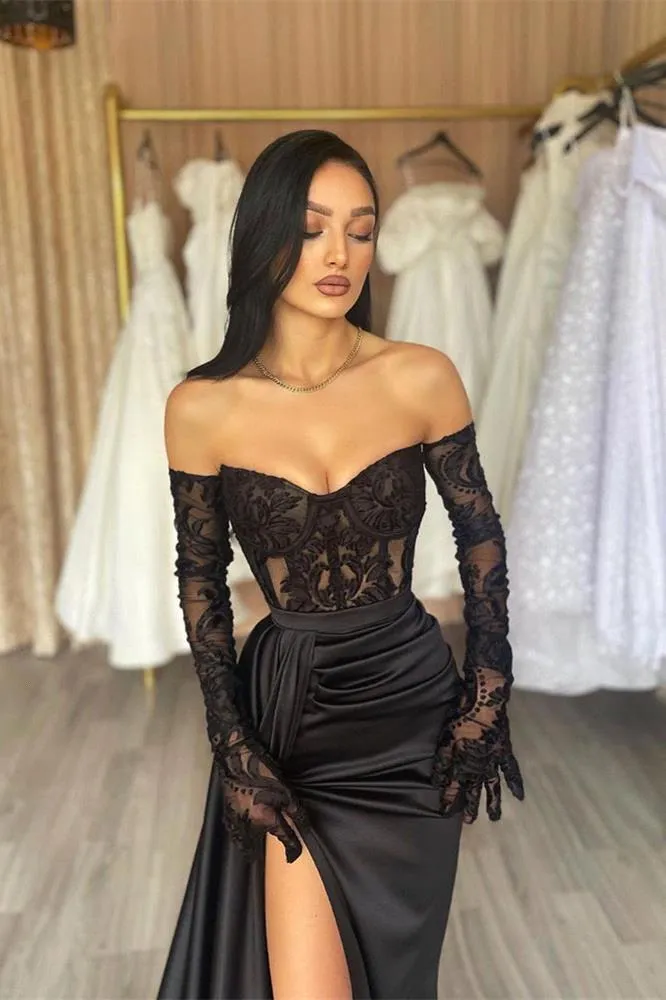 Sexy Black Split Evening Dresses A E Sweetheart Lace Appliques Satin Prom Gowns Women Formal Ocn Vestidos Bc16794