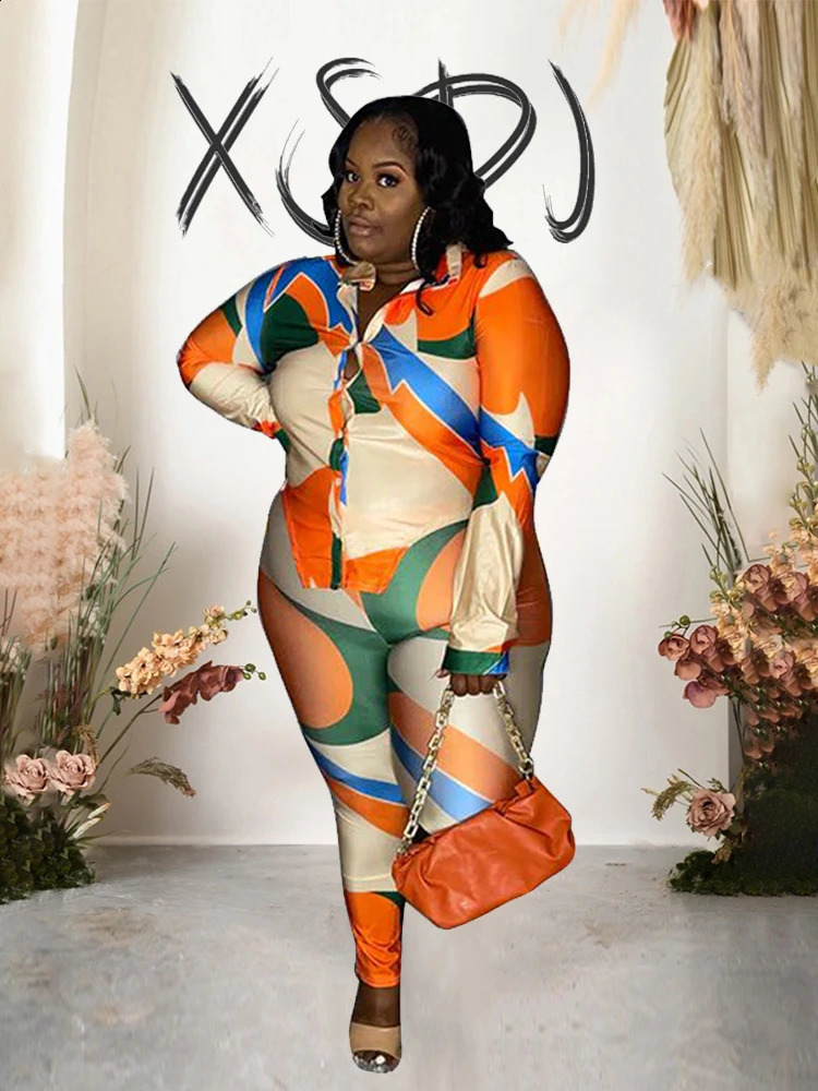 Plus Size Matching Sets Spring Print Shirt Top and Pants Two Piece Set for Women Streetwear Fashion Suit Wholesale Drop 240309