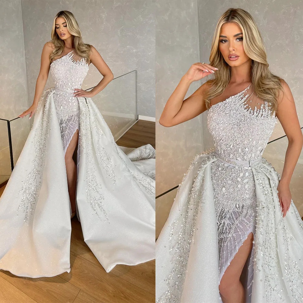 Gorgeous Mermaid Bridal Gowns Pearls Beaded Wedding Dress with Detachable Train Sequins High Split Custom Made Bride Dresses