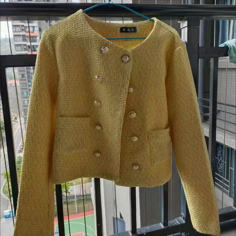 Women Elegant Cropped Tweed Jacket Korean Fashion Double Breasted Long Sleeve Outwear AllMatch Yellow Spring Autumn ONeck Coat 240307