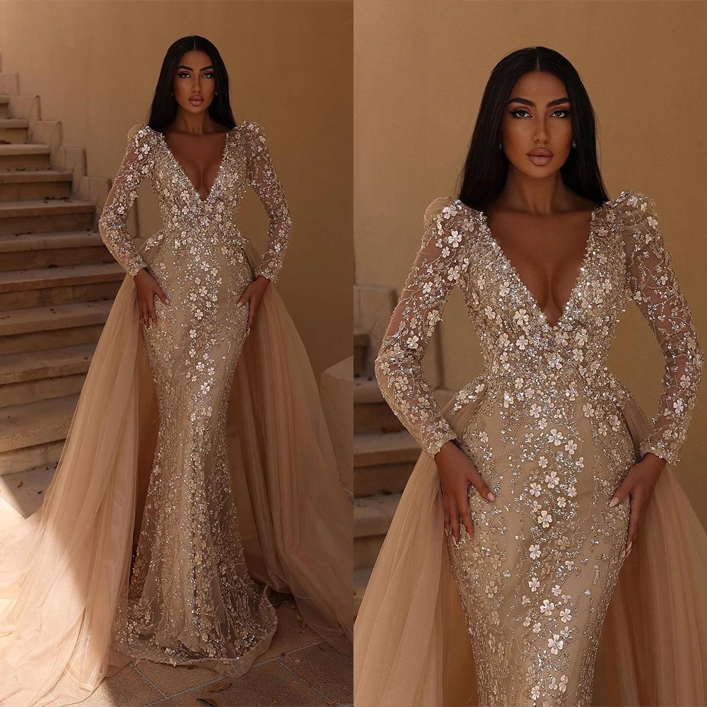ful Sequins Mermaid Bridal Gowns Deep V Neck Wedding Dress with Overskirts wer Long Sleeve Custom Made Sweep Train Bride Dresses