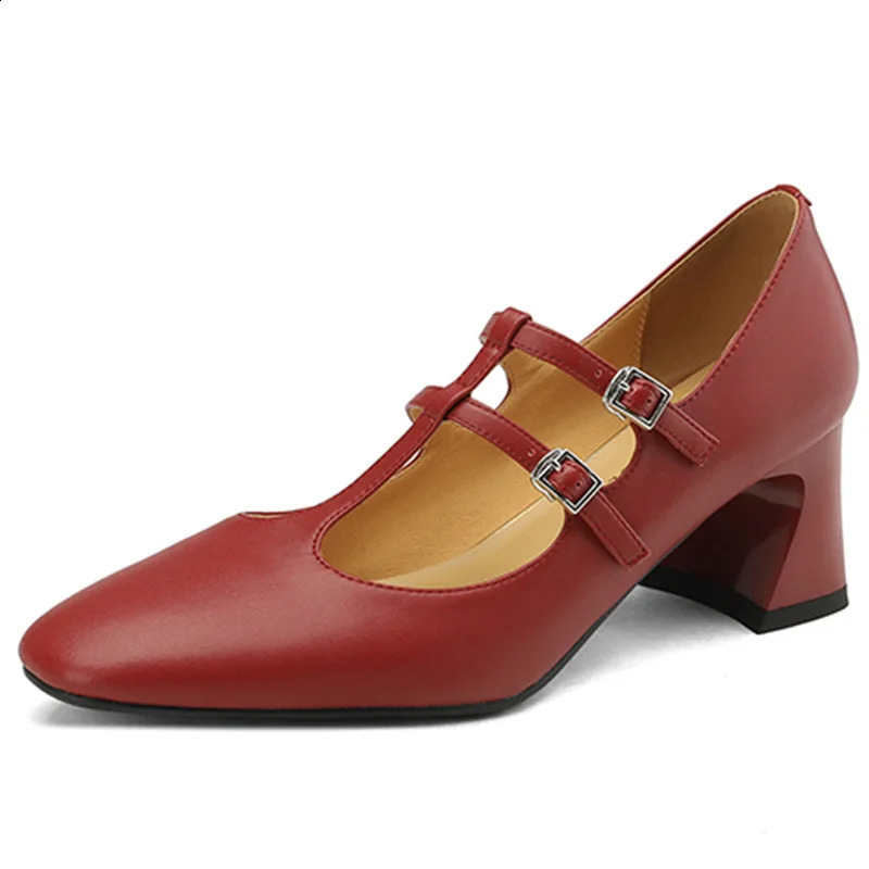 Autumn Women's Retro Red High Heel Shoes T-strap Marry Janes Female Chunky Platform French Romantic Casual Shoes Size 34-39 240304