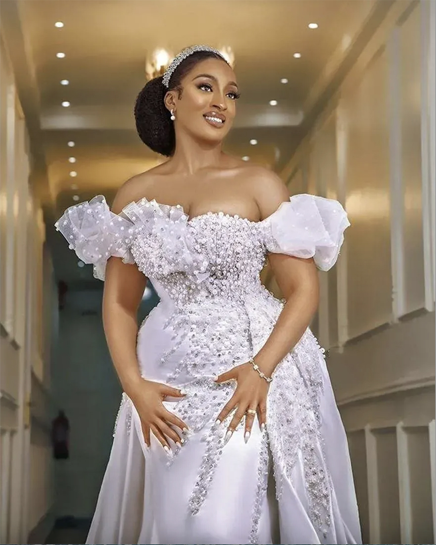 Pearls Mermaid Wedding Dresses Bride Gowns With Detachable Train African Nigerian Off The Shoulder Beaded Applique vestido de novia 0509