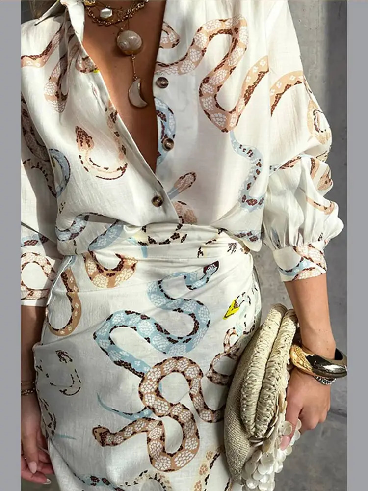 Snake Print Long Sleeve Shirt Split Skirt 2 Pcs Set Women Single Breasted Loose Lapel Short Dress Set Summer Chic Female Suits 240329