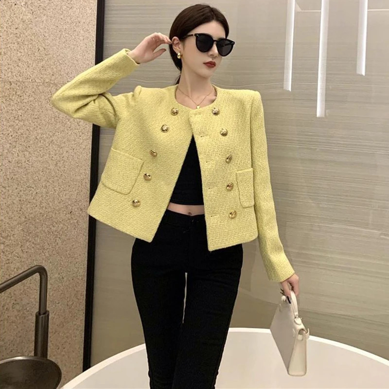 Women Elegant Cropped Tweed Jacket Korean Fashion Double Breasted Long Sleeve Outwear AllMatch Yellow Spring Autumn ONeck Coat 240307