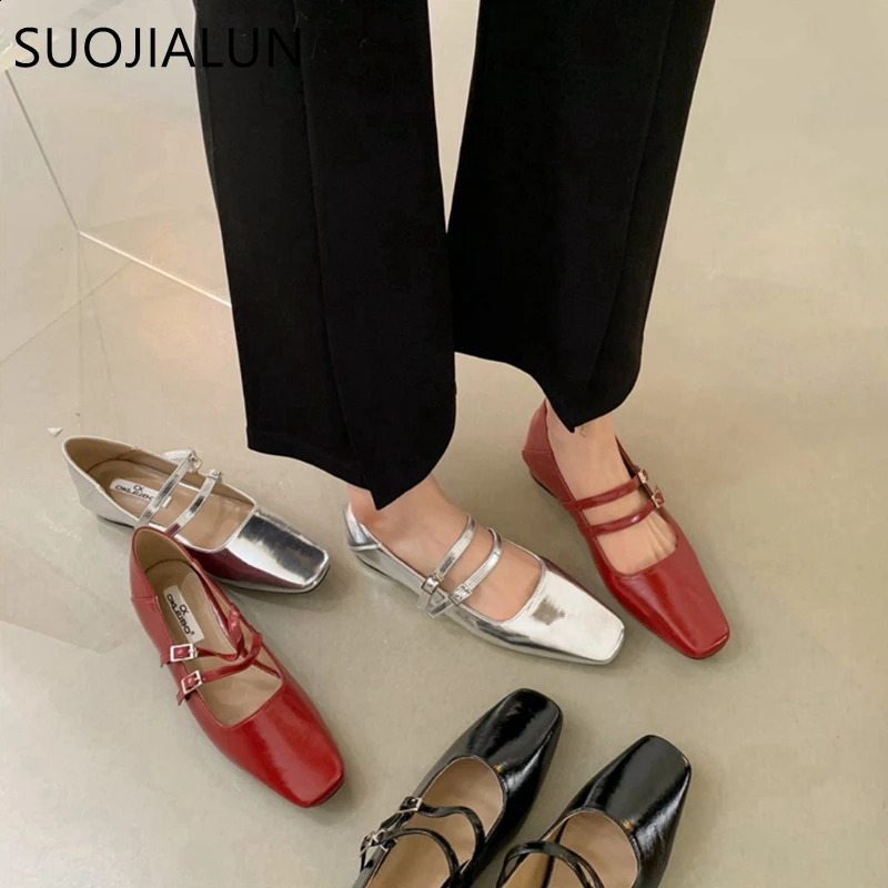 SUOJIALUN Spring Women Flat Shoes Fashion Square Toe Shallow Ladies Mary Jane Ballerinas Flat Heel Casual Ballet Shoes 240307