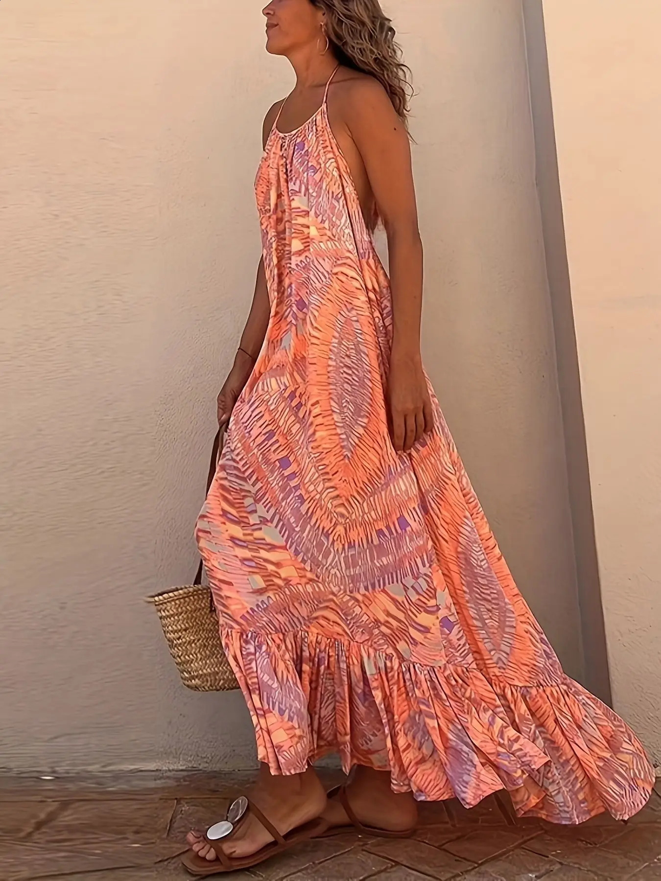 Summer Style Womens Sexy Printed Beach Dresses Bohemian Vacation Spaghetti Strap Halter Laceup long Dress 240318wtt