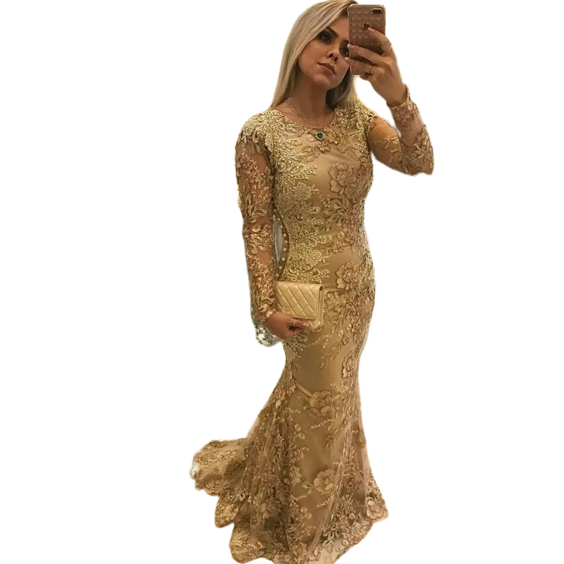 Elegant Gold Lace Mermaid Evening Dresses Flower Pattern Long Sleeves Jewel Neck Formal Occasion Gown For Women Vintage Prom Dress